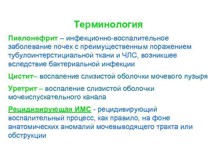 Терминология Пиелонефрит – инфекционно-воспалительное заболевание почек с преимущественным поражением тубулоинтерстициальной ткани и ЧЛС, возникшее