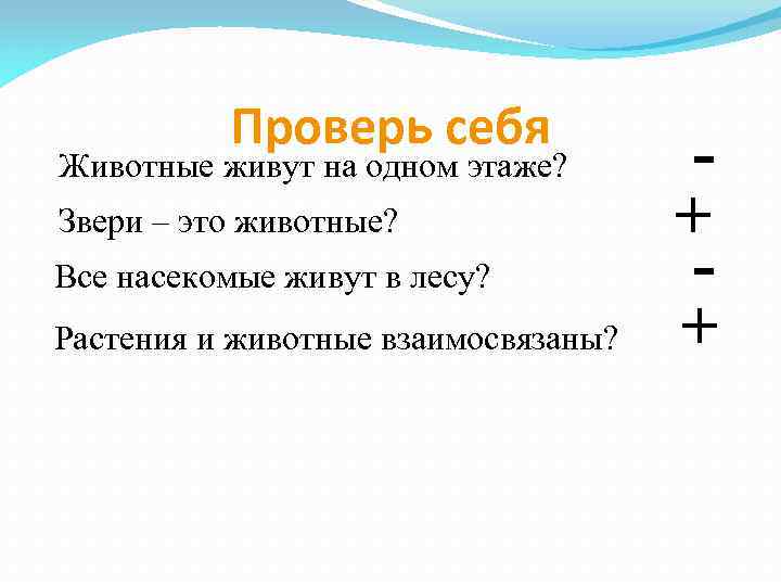 Проверь себя Животные живут на одном этаже? Звери – это животные? Все насекомые живут