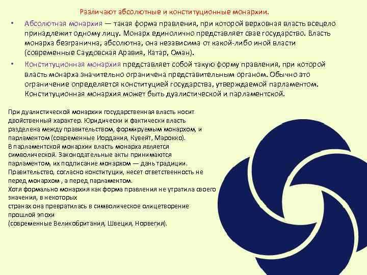  • • Различают абсолютные и конституционные монархии. Абсолютная монархия — такая форма правления,