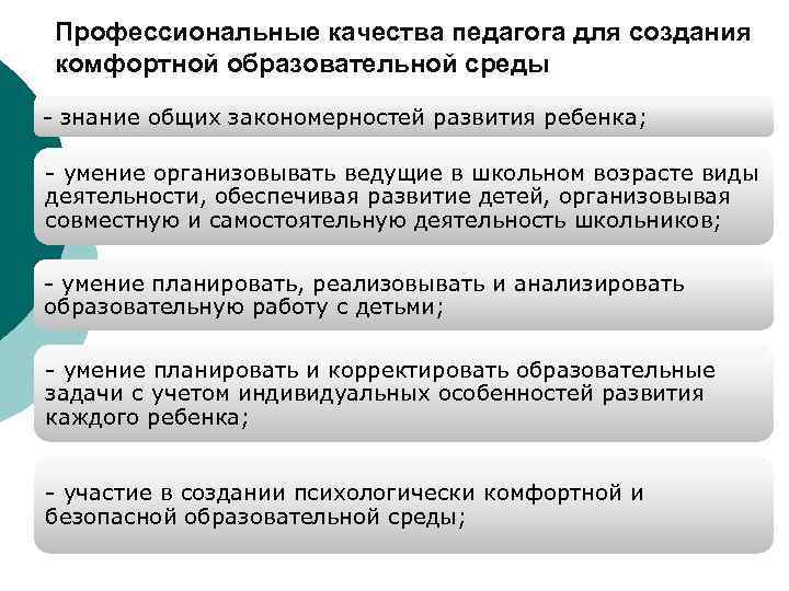 Профессиональные качества педагога для создания комфортной образовательной среды - знание общих закономерностей развития ребенка;