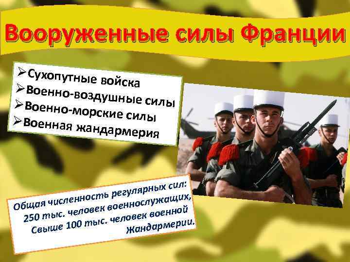 Вооруженные силы Франции ØСухопутные войска ØВоенно-воз душные силы ØВоенно-мор ские силы ØВоенная жа ндармерия