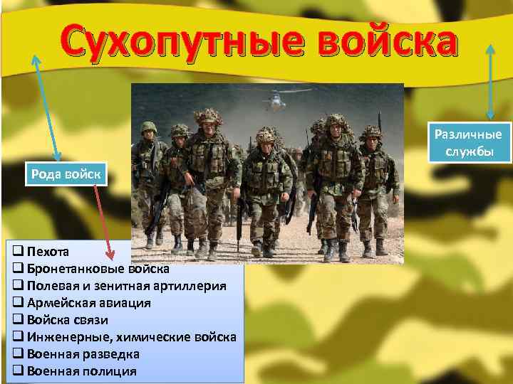 Сухопутные войска Различные службы Рода войск q Пехота q Бронетанковые войска q Полевая и