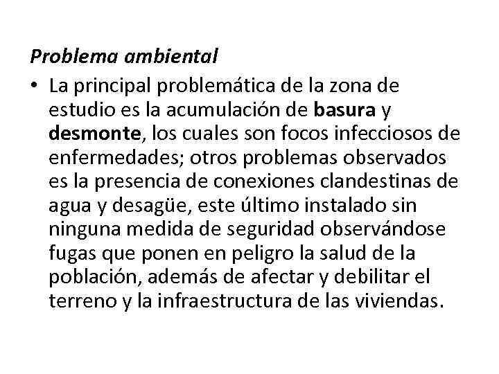 Problema ambiental • La principal problemática de la zona de estudio es la acumulación