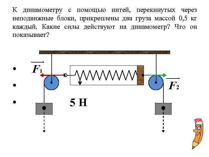 На рисунке изображена система блоков к которой подсоединены два динамометра какой