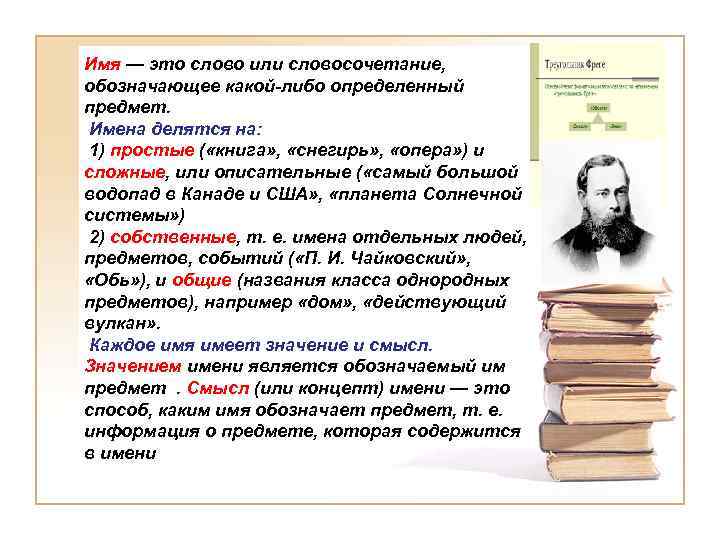 Имя — это слово или словосочетание, обозначающее какой-либо определенный предмет. Имена делятся на: 1)
