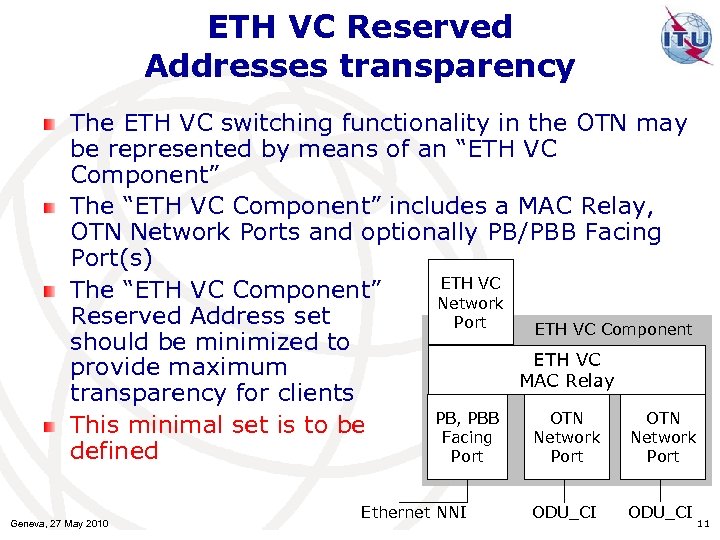ETH VC Reserved Addresses transparency The ETH VC switching functionality in the OTN may