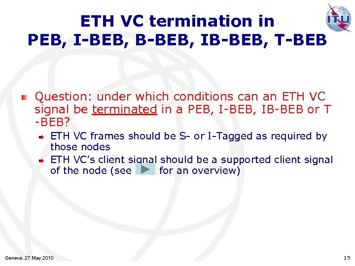 ETH VC termination in PEB, I-BEB, B-BEB, IB-BEB, T-BEB Question: under which conditions can