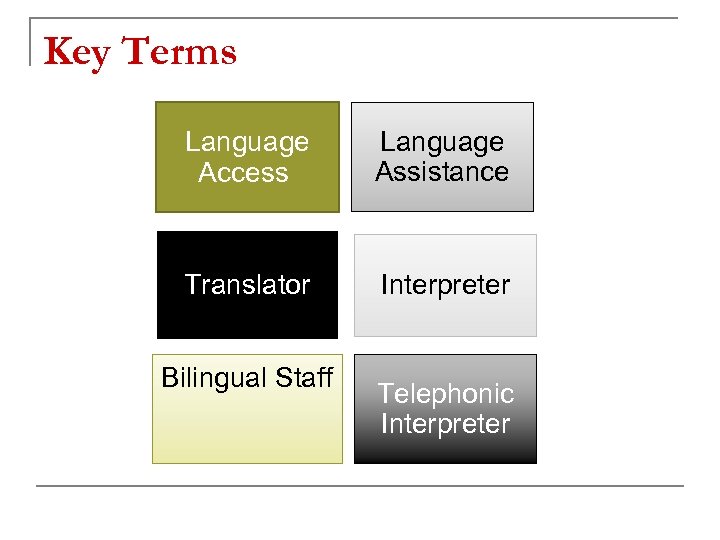 Key Terms Language Access Language Assistance Translator Interpreter Bilingual Staff Telephonic Interpreter 