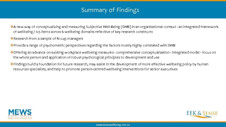 Summary of Findings v. A new way of conceptualizing and measuring Subjective Well-Being (SWB)