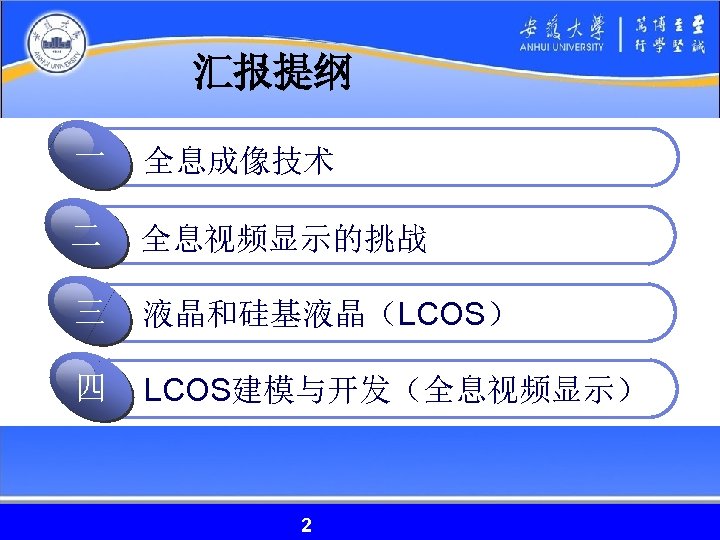 汇报提纲 一 全息成像技术 二 全息视频显示的挑战 三 液晶和硅基液晶（LCOS） 四 LCOS建模与开发（全息视频显示） 2 2 