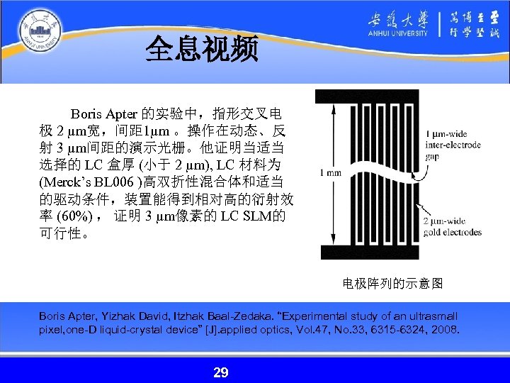 全息视频 Boris Apter 的实验中，指形交叉电 极 2 µm宽，间距 1µm 。操作在动态、反 射 3 µm间距的演示光栅。他证明当适当 选择的 LC