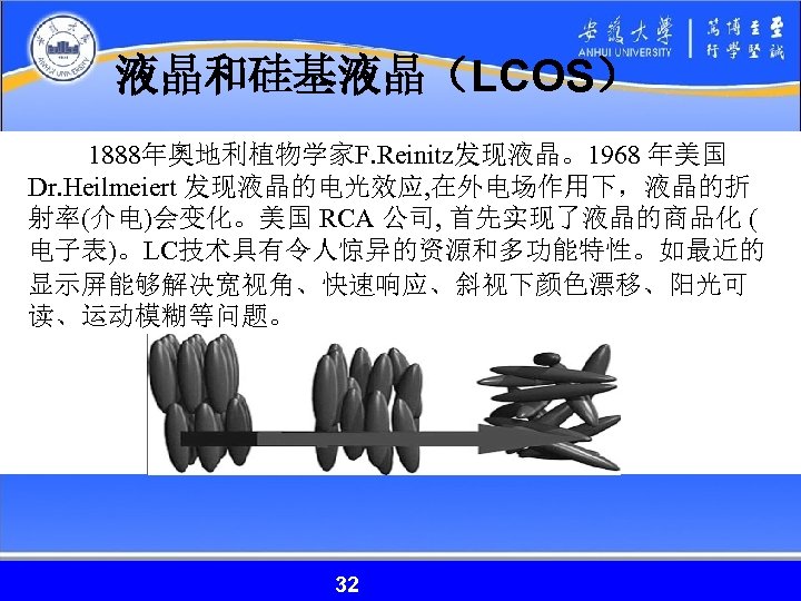 液晶和硅基液晶（LCOS） 1888年奧地利植物学家F. Reinitz发现液晶。1968 年美国 Dr. Heilmeiert 发现液晶的电光效应, 在外电场作用下，液晶的折 射率(介电)会变化。美国 RCA 公司, 首先实现了液晶的商品化 ( 电子表)。LC技术具有令人惊异的资源和多功能特性。如最近的