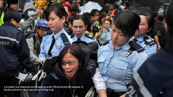 A protester is arrested and carried away by police officers during the clearance of