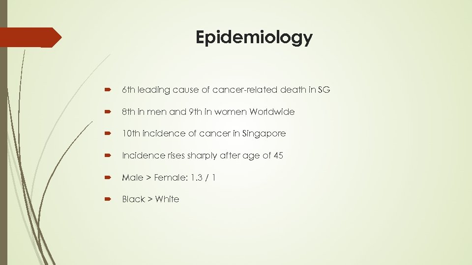 Epidemiology 6 th leading cause of cancer-related death in SG 8 th in men