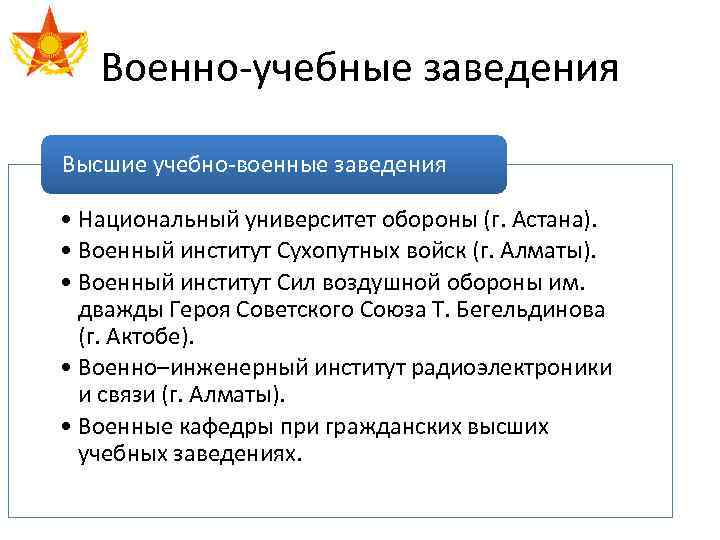 Военно-учебные заведения Высшие учебно-военные заведения • Национальный университет обороны (г. Астана). • Военный институт