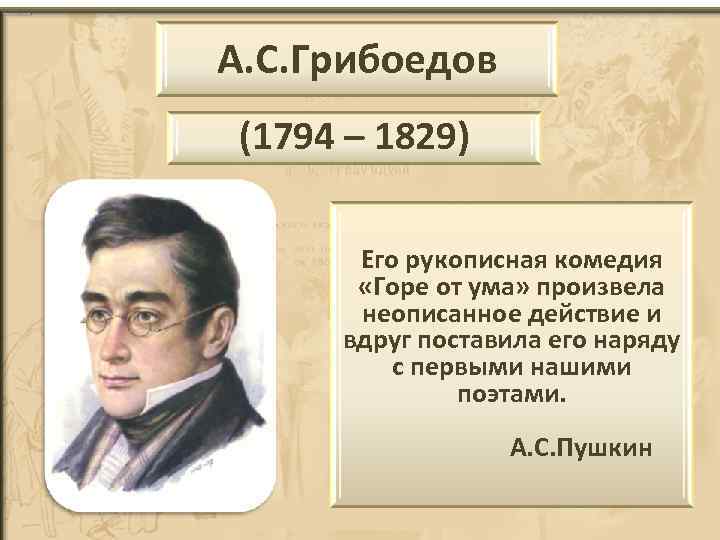 А. С. Грибоедов (1794 – 1829) Его рукописная комедия «Горе от ума» произвела неописанное