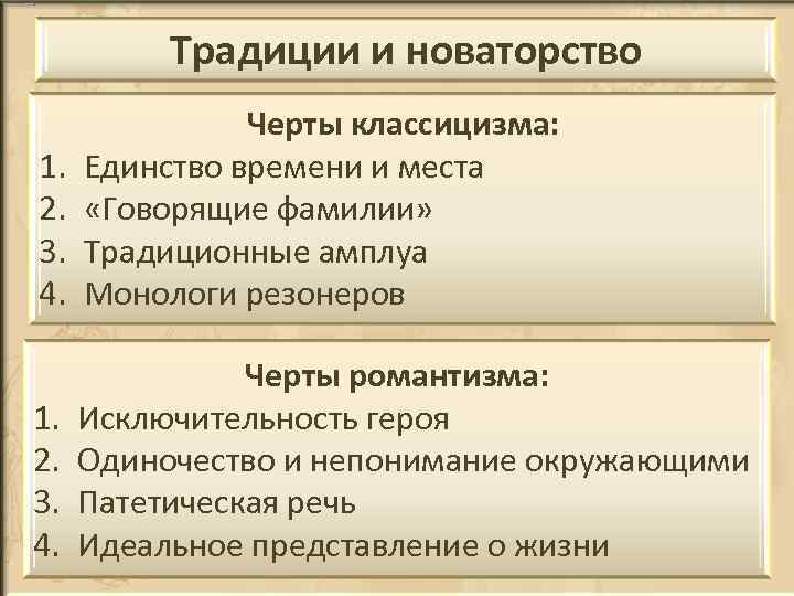 Традиции и новаторство 1. 2. 3. 4. Черты классицизма: Единство времени и места «Говорящие