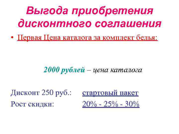 Выгода приобретения дисконтного соглашения • Первая Цена каталога за комплект белья: 2000 рублей –