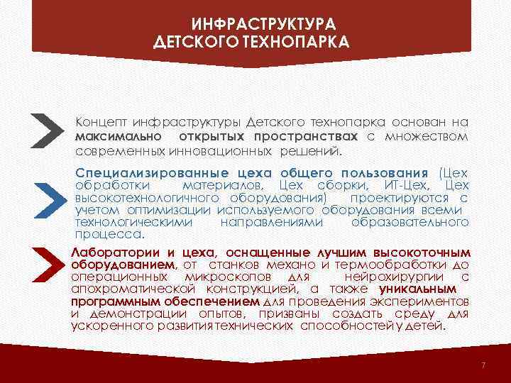 ИНФРАСТРУКТУРА ДЕТСКОГО ТЕХНОПАРКА Концепт инфраструктуры Детского технопарка основан на максимально открытых пространствах с множеством