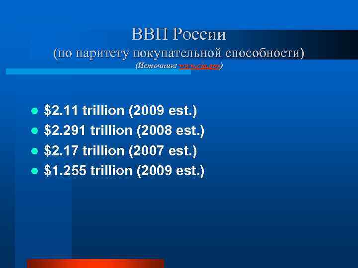 ВВП России (по паритету покупательной способности) (Источник: www. cia. gov) $2. 11 trillion (2009