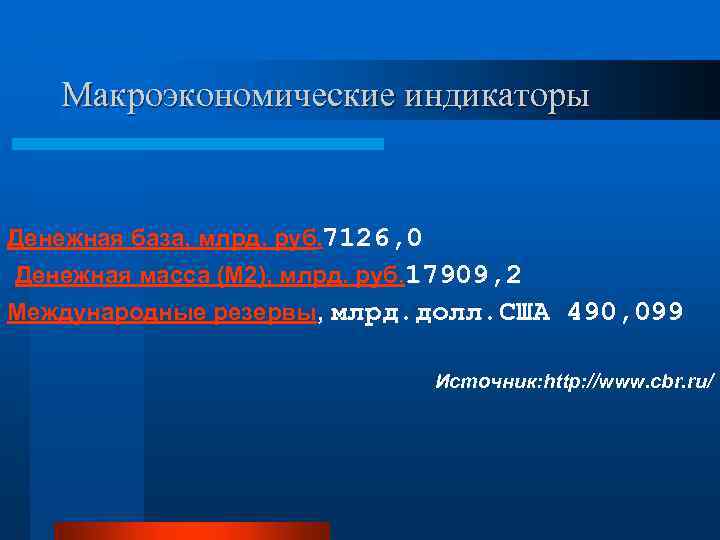 Макроэкономические индикаторы Денежная база, млрд. руб. 7126, 0 Денежная масса (M 2), млрд. руб.