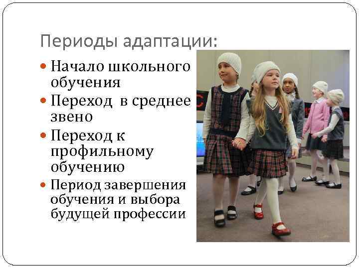 Периоды адаптации: Начало школьного обучения Переход в среднее звено Переход к профильному обучению Период