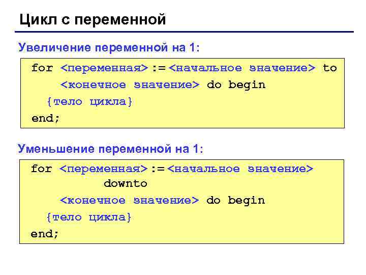 Цикл с переменной Увеличение переменной на 1: for <переменная> : = <начальное значение> to