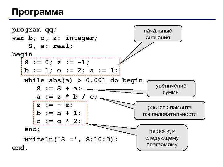 Программа program qq; начальные значения var b, c, z: integer; S, a: real; begin