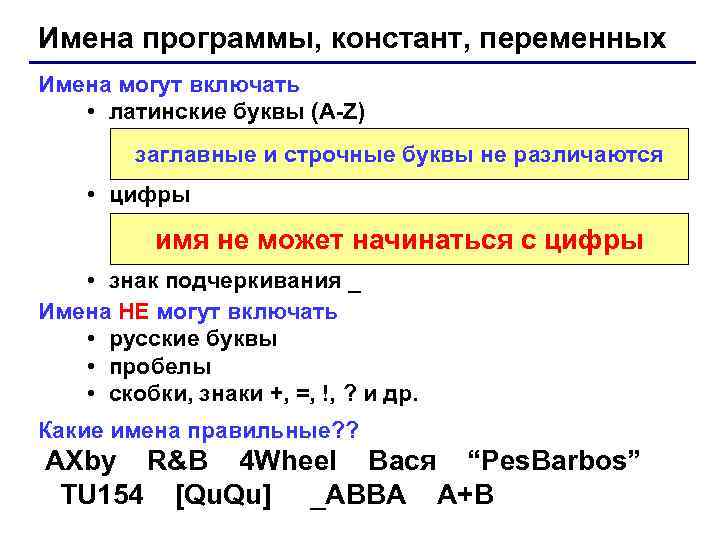 Имена программы, констант, переменных Имена могут включать • латинские буквы (A-Z) заглавные и строчные