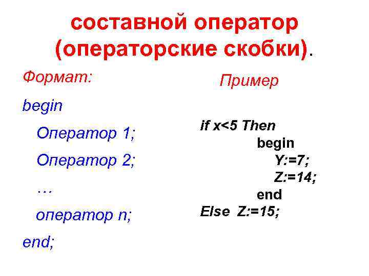 составной оператор (операторские скобки). Формат: Пример begin Оператор 1; Оператор 2; … оператор n;