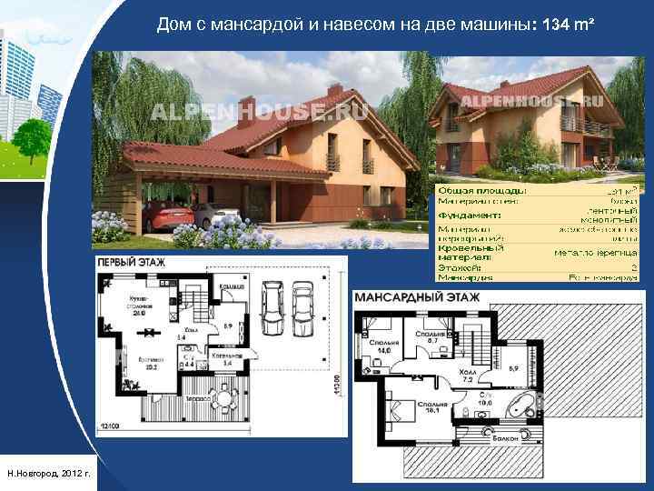 Дом с мансардой и навесом на две машины: 134 m² Н. Новгород, 2012 г.