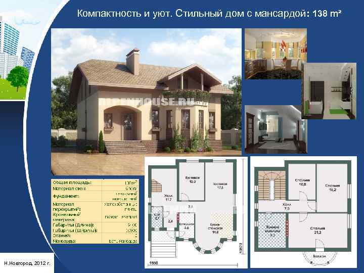 Компактность и уют. Стильный дом с мансардой: 138 m² Н. Новгород, 2012 г. 