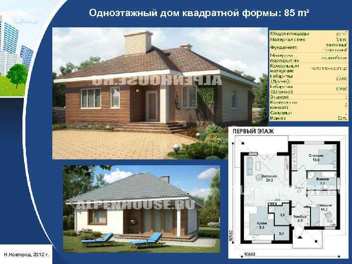 Одноэтажный дом квадратной формы: 85 m² Н. Новгород, 2012 г. 