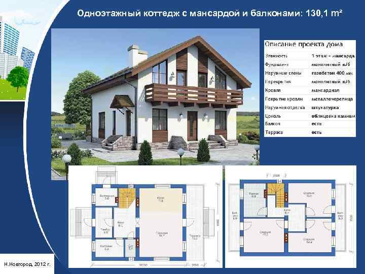 Одноэтажный коттедж с мансардой и балконами: 130, 1 m² Н. Новгород, 2012 г. 