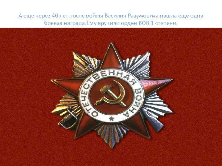 А еще через 40 лет после войны Василия Разумовича нашла еще одна боевая награда.