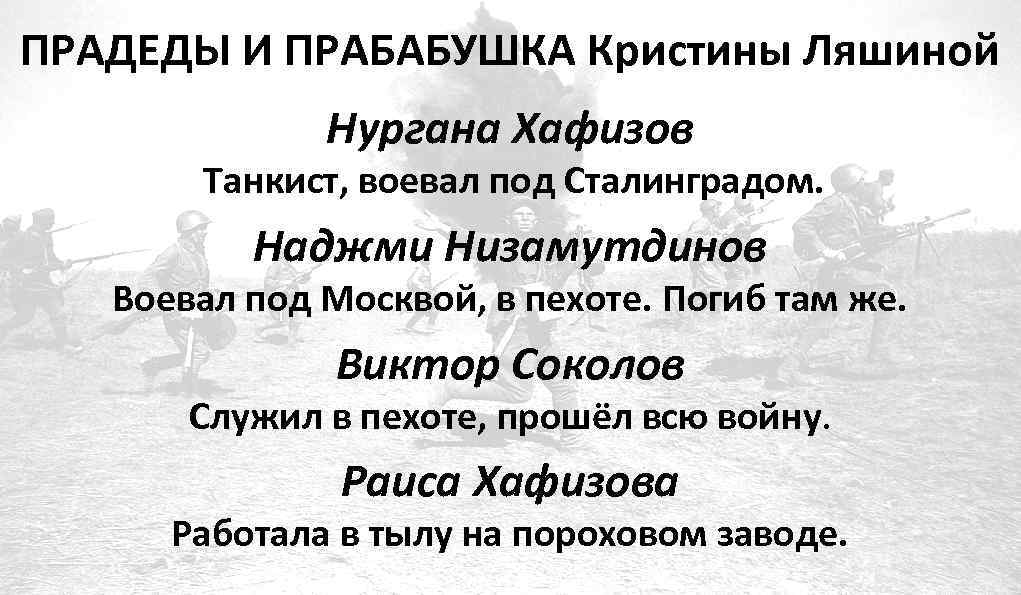 ПРАДЕДЫ И ПРАБАБУШКА Кристины Ляшиной Нургана Хафизов Танкист, воевал под Сталинградом. Наджми Низамутдинов Воевал