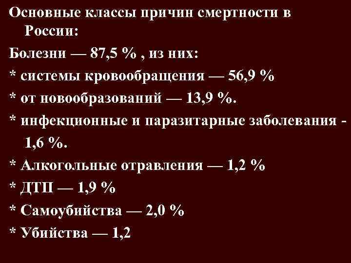 Основные классы причин смертности в России: Болезни — 87, 5 % , из них: