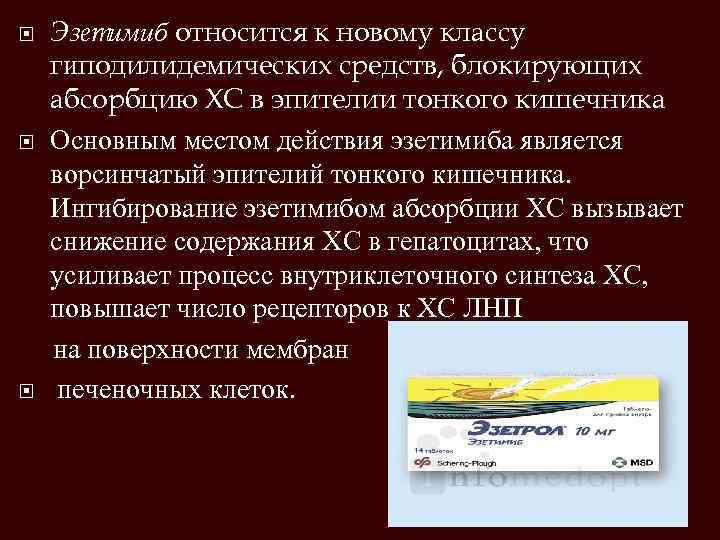 Эзетимиб относится к новому классу гиподилидемических средств, блокирующих абсорбцию ХС в эпителии тонкого кишечника