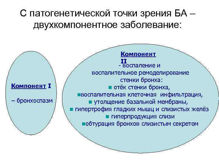 С патогенетической точки зрения БА – двухкомпонентное заболевание: Компонент I – бронхоспазм Компонент II