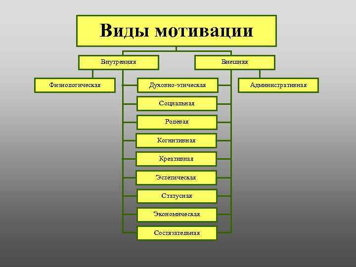 Виды мотивации Внутренняя Физиологическая Внешняя Духовно-этическая Социальная Ролевая Когнитивная Креативная Эстетическая Статусная Экономическая Состязательная