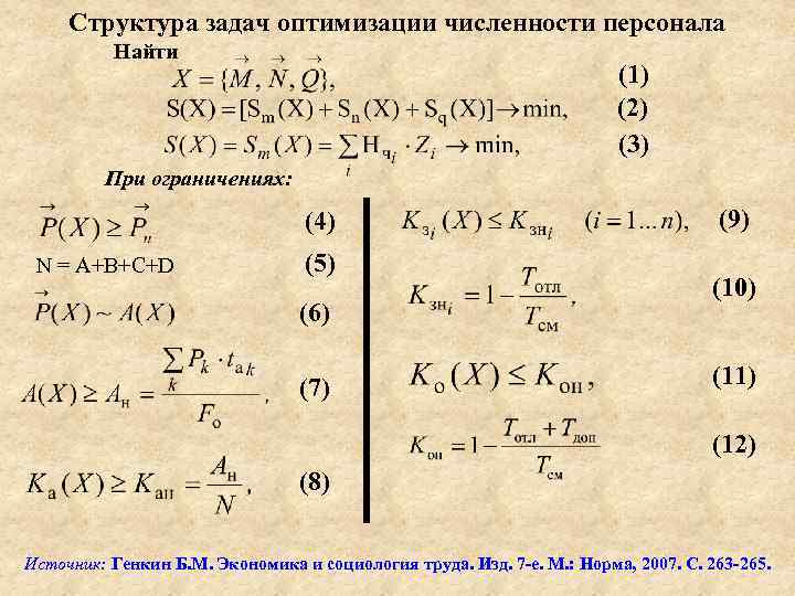 Структура задач оптимизации численности персонала Найти (1) (2) (3) При ограничениях: (4) N =