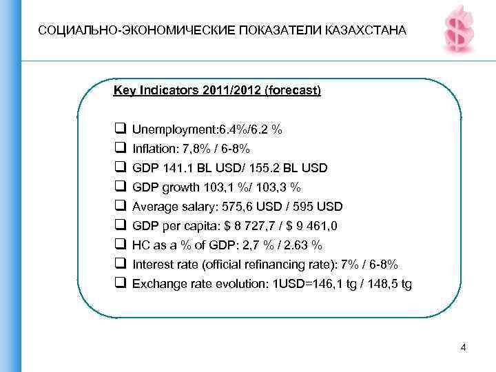 СОЦИАЛЬНО-ЭКОНОМИЧЕСКИЕ ПОКАЗАТЕЛИ КАЗАХСТАНА Key Indicators 2011/2012 (forecast) q q q q q Unemployment: 6.