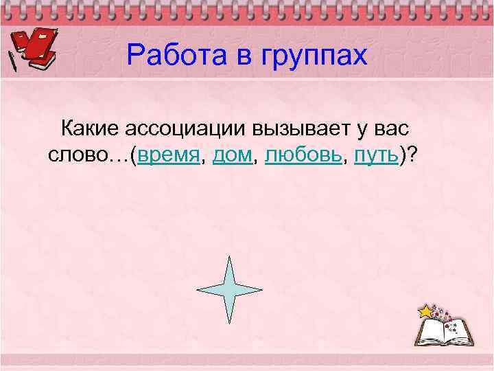 Работа в группах Какие ассоциации вызывает у вас слово…(время, дом, любовь, путь)? 