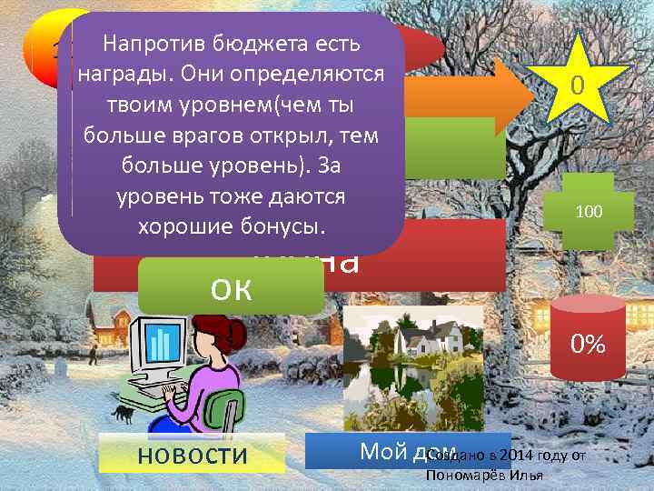 стихии 100 Напротив бюджета есть награды. Они определяются твоим уровнем(чем ты больше врагов открыл,