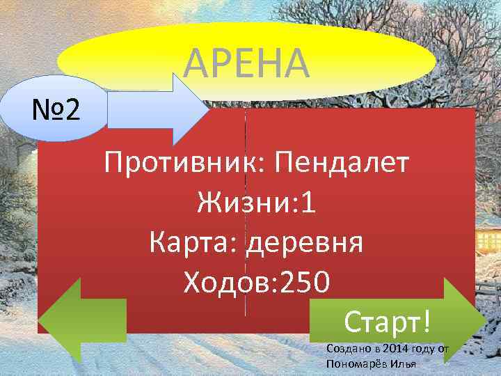 № 2 АРЕНА Противник: Пендалет Жизни: 1 Карта: деревня Ходов: 250 Старт! Создано в