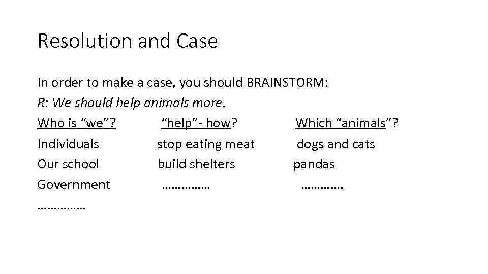 Resolution and Case In order to make a case, you should BRAINSTORM: R: We