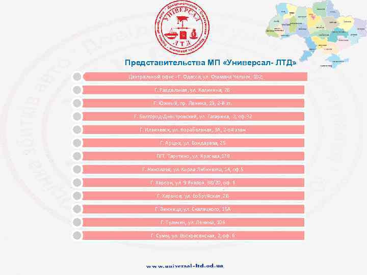 Представительства МП «Универсал- ЛТД» Центральный офис - Г. Одесса, ул. Отамана Чепыги, 102; Г.