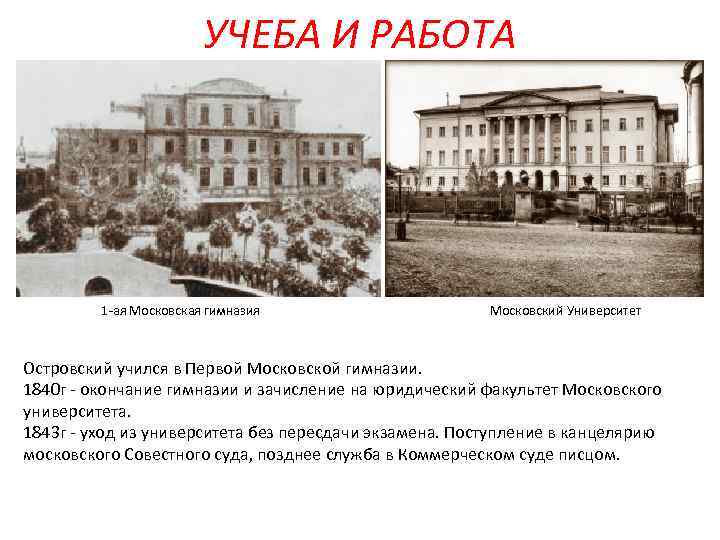 УЧЕБА И РАБОТА 1 -ая Московская гимназия Московский Университет Островский учился в Первой Московской