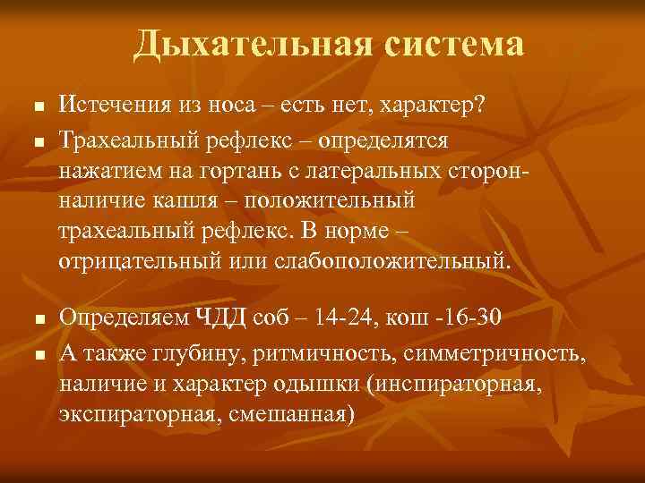 Дыхательная система n n Истечения из носа – есть нет, характер? Трахеальный рефлекс –