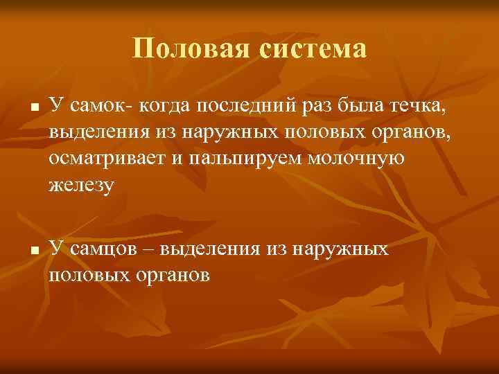 Половая система n n У самок- когда последний раз была течка, выделения из наружных